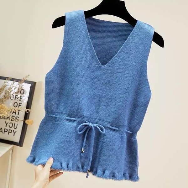 

loose sleeveless knitted sweater vest female v-neck lace up waist bow frill pullover vest women 2021 spring autumn clothes, Black;white