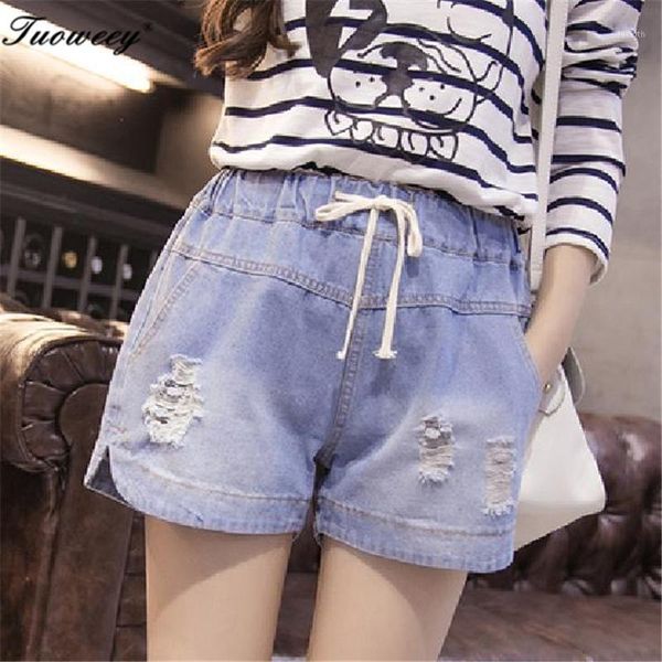 

7xl 2018 summer casual mid waist hole shorts women streetwear denim shorts plus size elastic waist jeans for women1, Blue