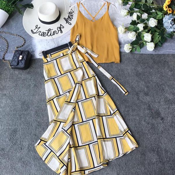 

summer two piece set women v neck blouse tank + vintage geometry bandage skirt suits woman beach 2 pcs outfit clothes1, White