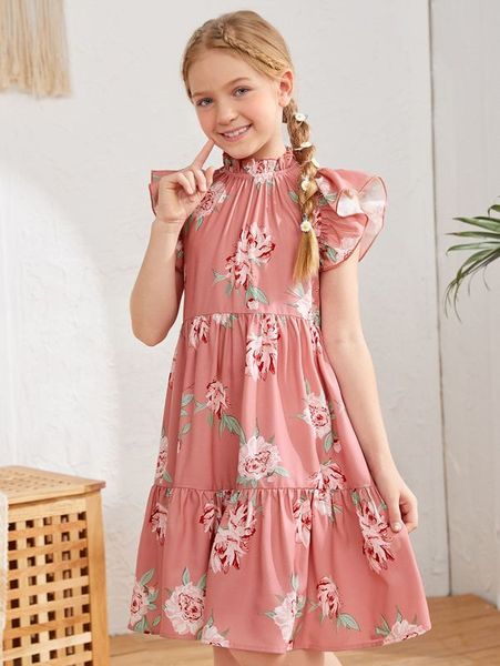 

girls floral frill neck flounce hem dress she, Red;yellow