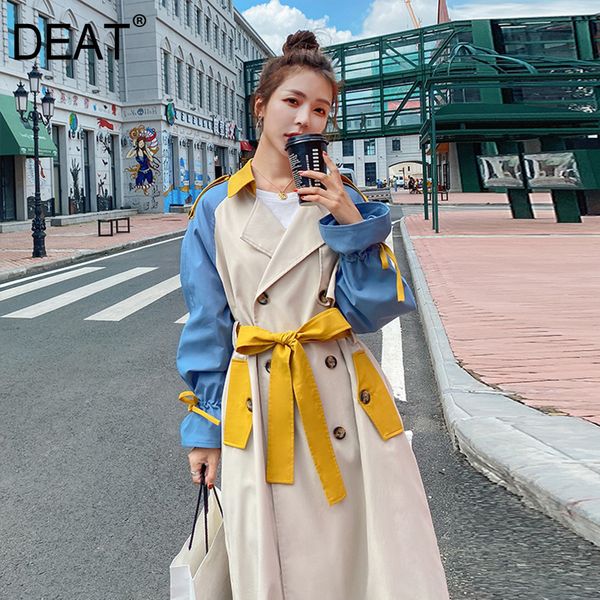 

[deat] new autumn fashion women's trench coat casual full sleeve lapel collar patchwork hit color slim long with belt tx175 201111, Tan;black