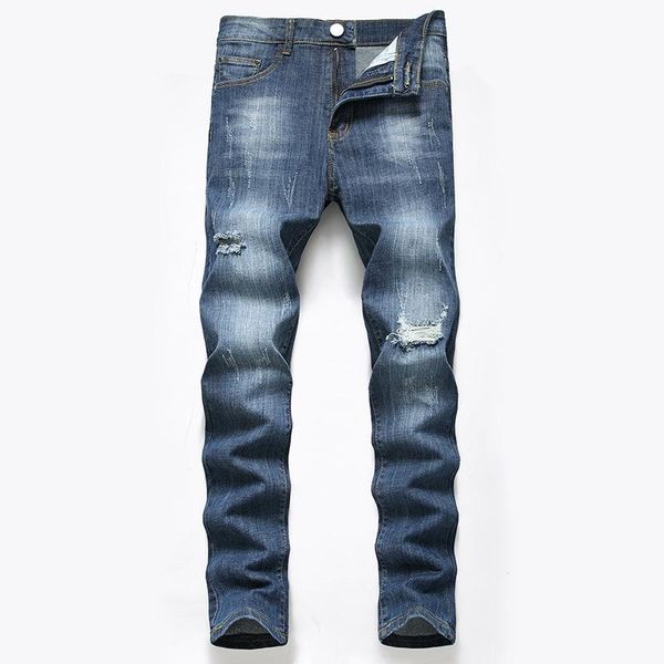 

2d factory spot wholesale cross-border supply holes in jeans men europe and the united states elastic pants fall new, Blue