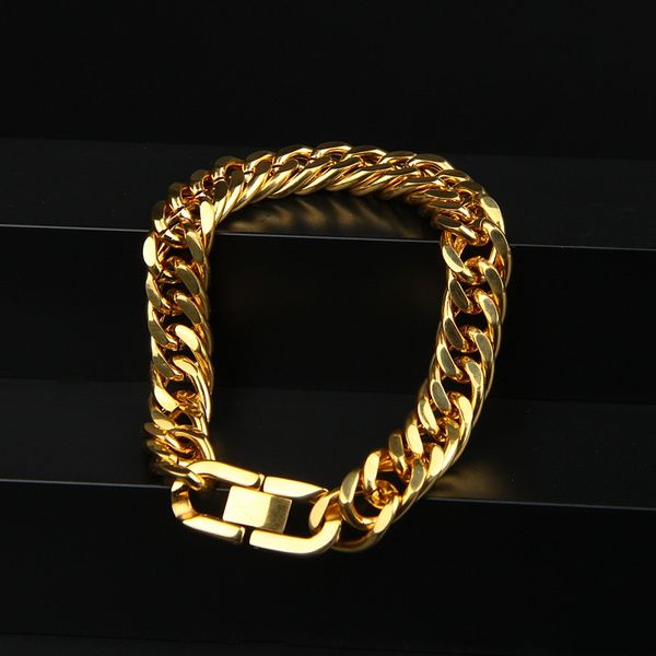 

new fashion men hip hop bracelets jewelry gold miami cuban link chain bracelet 12mm stainless steel bracelet fashion design, Black