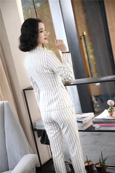 

fashion striped styles women pantsuits formal professional with pants and jackets coat for ladies office work wear blazers, White