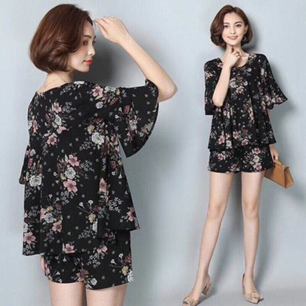 

2019 summer new fashion suit two-piece suit women's round shorts shirtshirt shirtneck floral chiffon shirt western style shorts hipster, Gray
