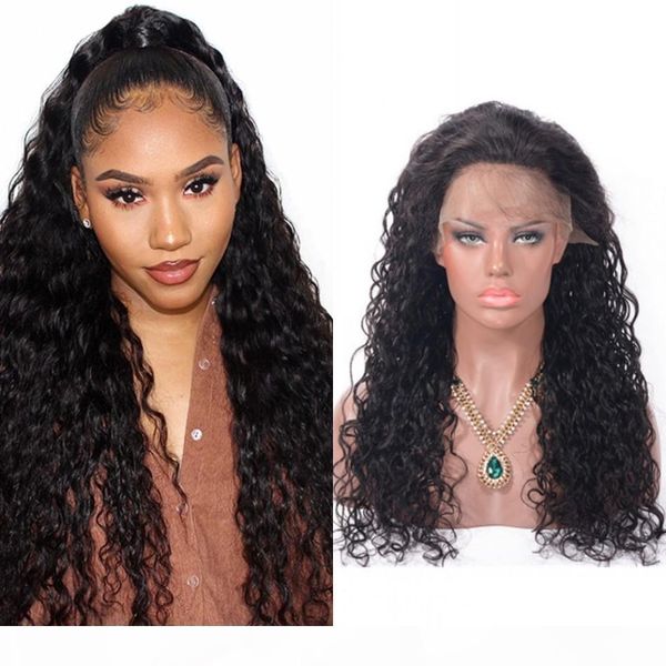 

130 density glueless lace front human hair wigs water wave black women peruvian full lace wig with baby hair, Black;brown