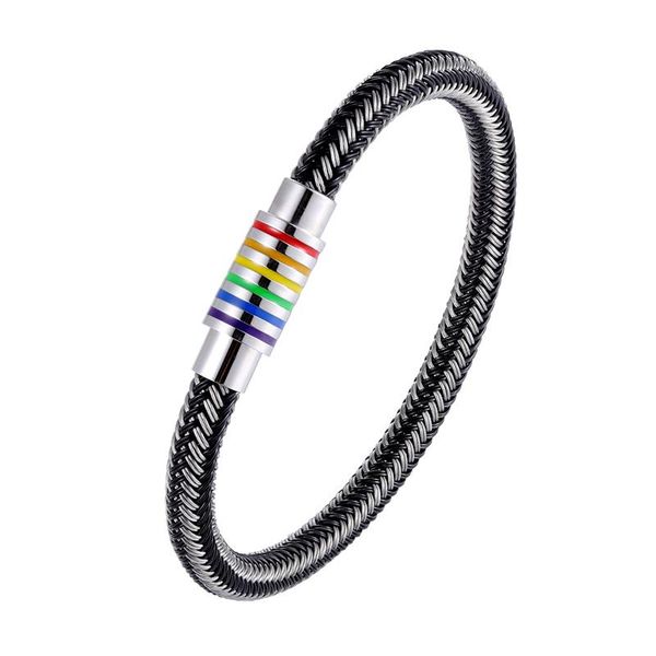 

unique designer black/white genuine braided bracelet men stainless steel gay pride rainbow magnetic charms bracelet women gift