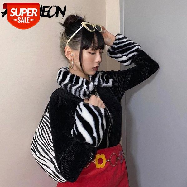 

allneon vintage zebra fake fur collar ribbed black y2k streetwear zipper long sleeve knitted outerwear 90s fashion outfits #ez1j, Black;brown