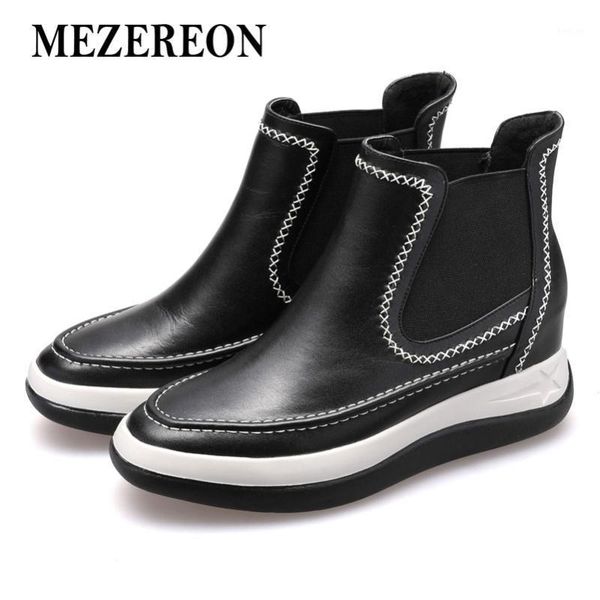 

mezereon women ankle boots fashion platform shoes woman leather winter footwear women boots elastic band round toe autumn botas1, Black