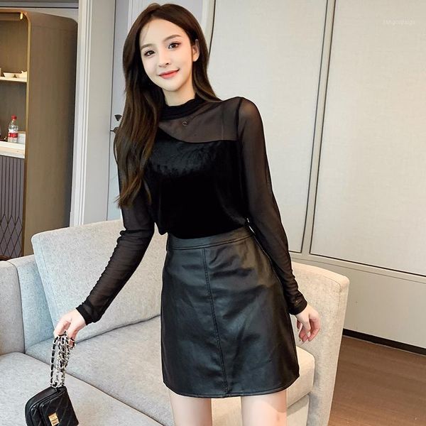 

coigarsam patchwork blouse women new mesh turtleneck blusas womens and blouses black 203531, White