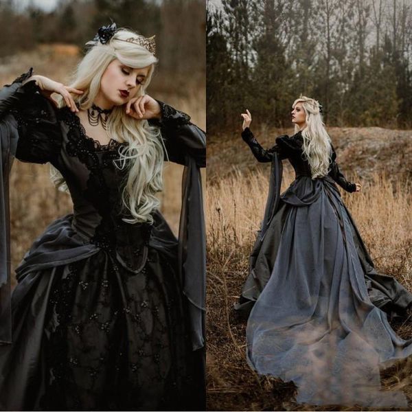 

2021 vintage medieval gothic wedding dresses silver and black renaissance fantasy victorian vampires long sleeve bridal gown, White