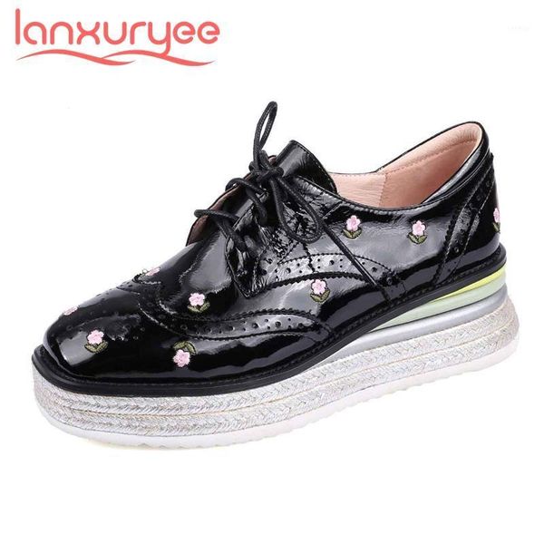 

lanxuryee embroidery cow patent leather flowers wedges platform straw square toe thick med heel lace up gorgeous women pumps l0a1, Black