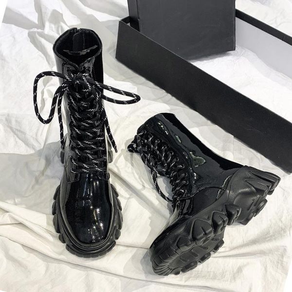 

power 2021 autumn and winter women leather thick bottom muffin short english knight with medium boot girl1, Black