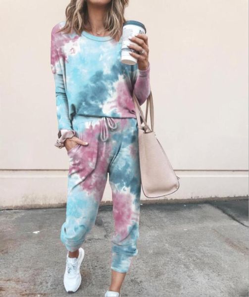 

2 pieces clthoes women autumn sweatsuit set casual tie dye print long sleeve + drawstring pants set tracksuits loungewear, Gray
