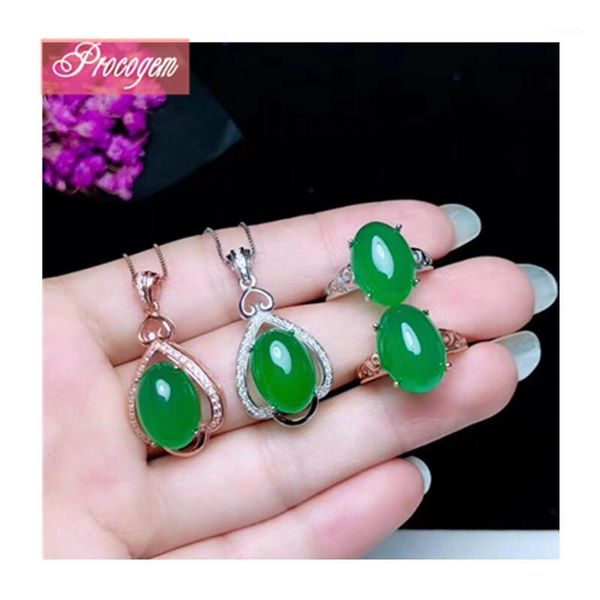 Pulsera, Pendientes Collar Loverly Classic Green Calcedonia Conjuntos de joyas para mujeres Regalo 10x14mm Gemas 925 Sterling Silver Lady Fine Wholes