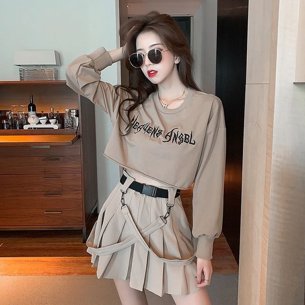 

1jf48 suit 2020 autumn leisure ins personalized foreign t-shirt new pleated skirt letter style high waist work dress pleated skirt sc, Gray