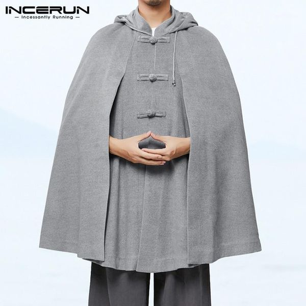 

men cloak coats hooded solid vintage button casual loose jackets ponchos retro fleece streetwear cape male trench s-5xl incerun1, Tan;black