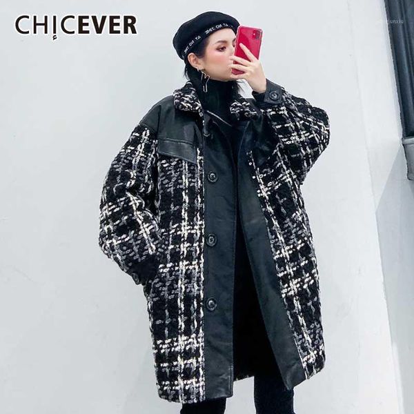 

galcaur korean patchwork pu leather wool coat women lapel collar long sleeve plaid plus thick female coats 2020 spring clothes1, Black