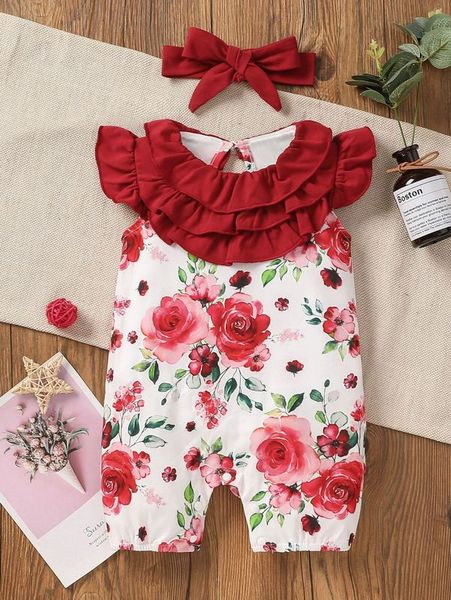 

baby floral print ruffle trim romper with headband she, Blue