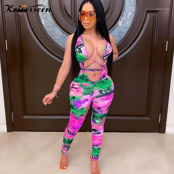 

kricesseen casual print bandage skinny jumpsuit new women sleeveless hollow out lace up rompers sportswear jumpsuit1, Black;white