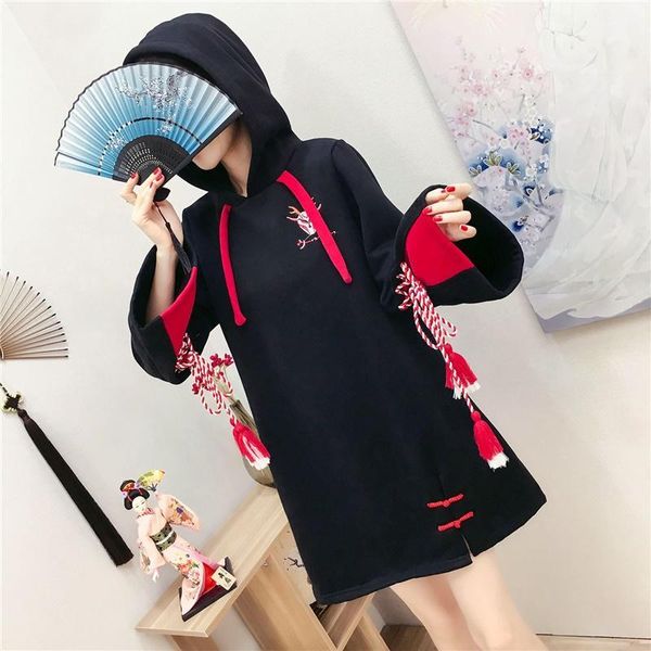 

japanese harajuku ghost mask hoodie embroidery lace up dress long sleeve hooded black women mini sweet short dresses ff22331, Red