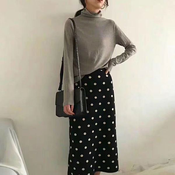 

2021 new autumn skirts high waist knitting bodycon long jupe femme saia dots print women pencil skirt h7h6, Black