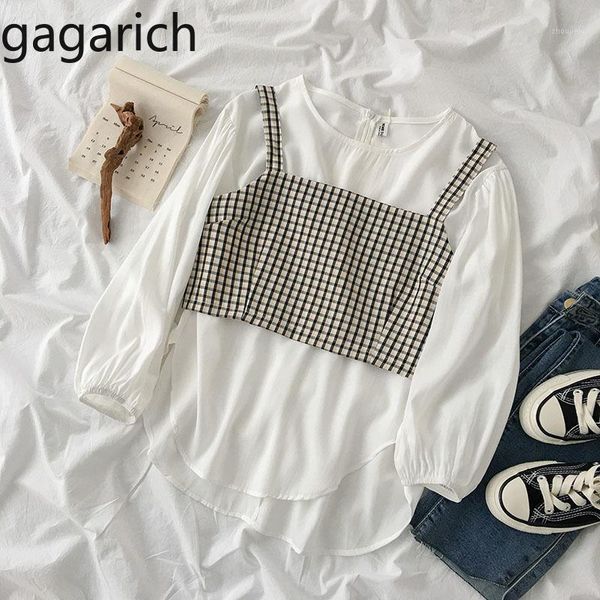 

gagarich women two piece set spring 2020 new korean style plaid camisole versatile solid color shirt1, White