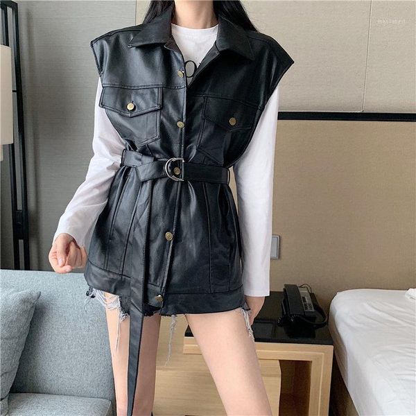 

alien kitty all match fresh brief vintage 2020 pu leather girls locomotive sashes loose vest casual cardigans stylish women coat1, Black;white
