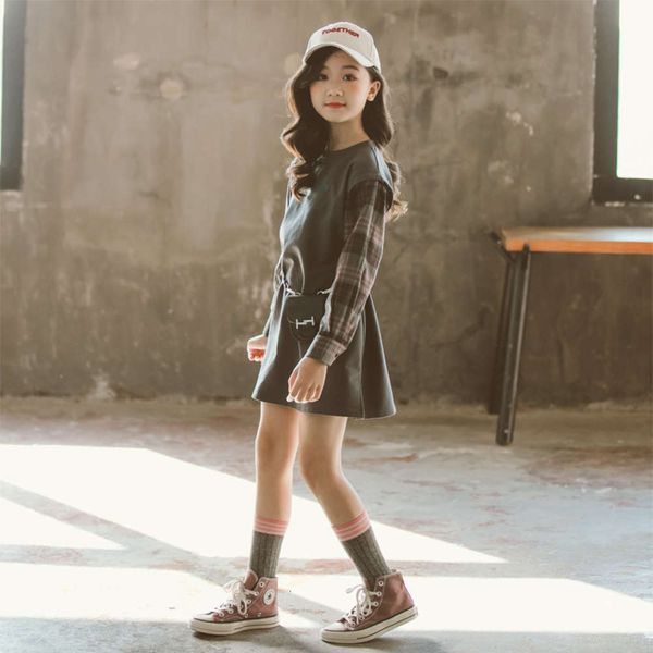 

spring autumn cotton girls' and new 2020 plaid splicing drs gjmm, Red;yellow