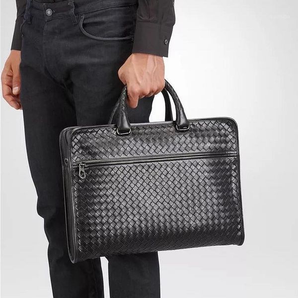 

briefcases waxed calfskin weave briefcase real leather shoulder bags genuine large capacity business handbag1