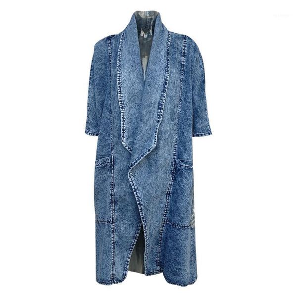 

new casual women denim trench coat turn down collar long sleeve denim trench female loose long windbreaker jeans coats1, Tan;black