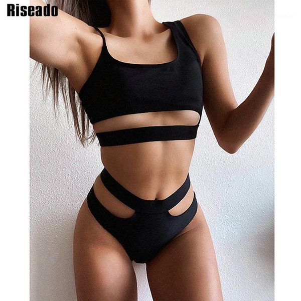 

riseado black bikini set cut out swimsuit women high waist swimwear string strap bathing suits brazilian beach wear 2020 biquini1, White;black