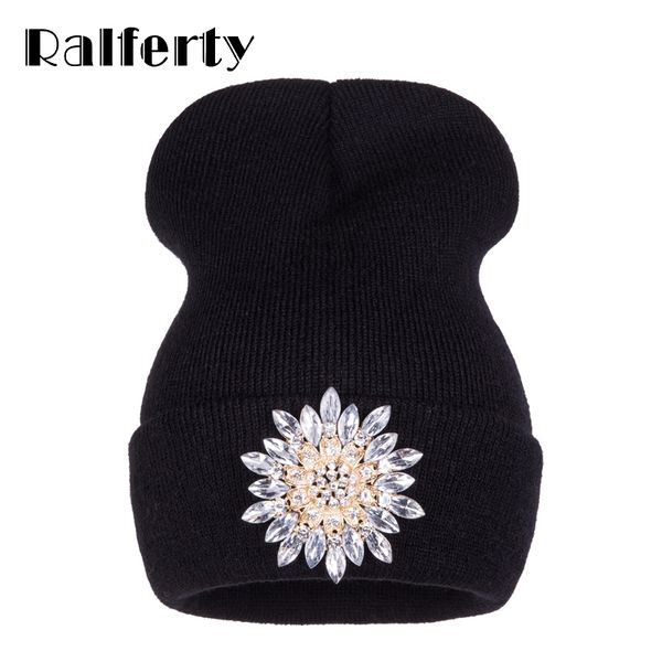 

ralferty winter hats for women knitted luxury flower crystal beanies hat female skullies caps black streetwear gorras gorro y201024, Blue;gray