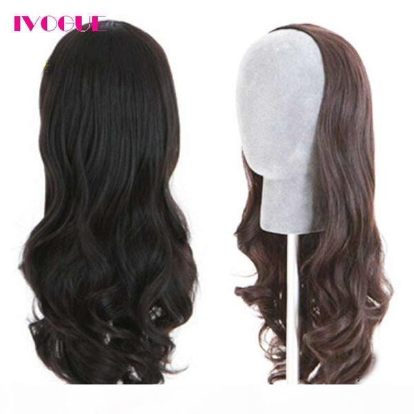 

fashion wavy 3 4 human hair half wigs unprocessed virgin brazilian human hair none lace wigs for women, Black;brown