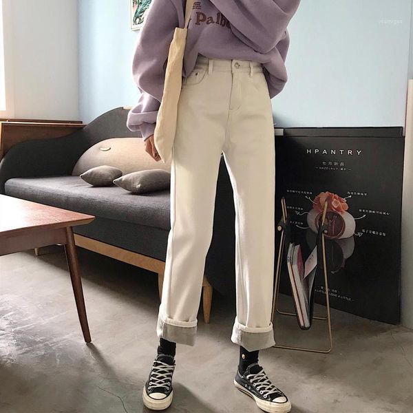 

2021 pocket white solid color jean femme buttons all-match plus velvet thickening to keep warm straight pants women's pants1, Blue