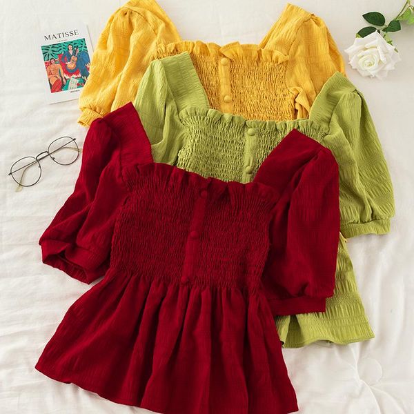 

solid slim women blouse 2021 summer new square collar short-sleeved slim office lady elegant skirts quality, White