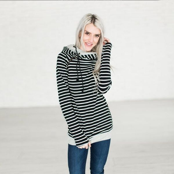 

2021 new 12-color autumn female shreds striped pullovers long sleeve double sweatshirt with hoodie 4j7j, Black