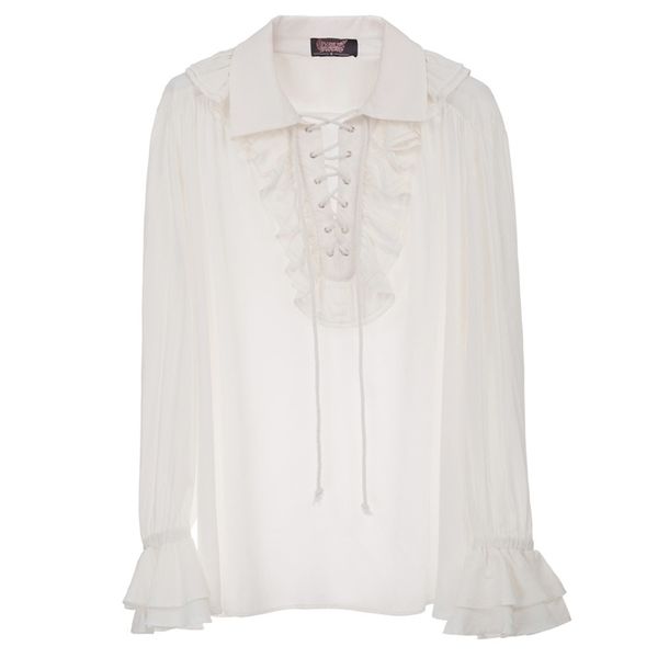 

men medieval long sleeve lapel collar shirt vintage retro party victorian gothic ruffle decorated lace-up ivory y200408, White;black
