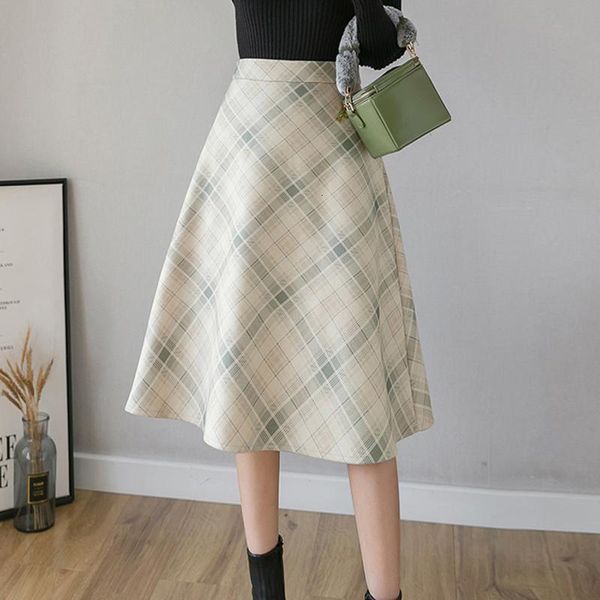 

autumn wool blend plaid a-line swing skirt high waisted zipper candy colored plaid elegant midi skirts, Black