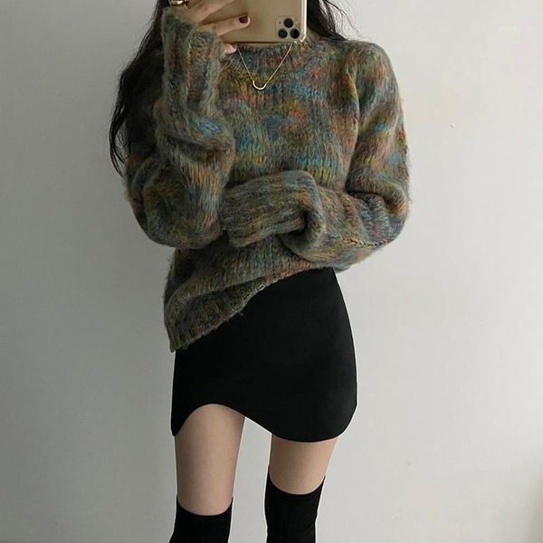 

one-piece winter women outfit female korean mixed color line loose knitted sweater pullover ladies irregular skirt suit1, Gray