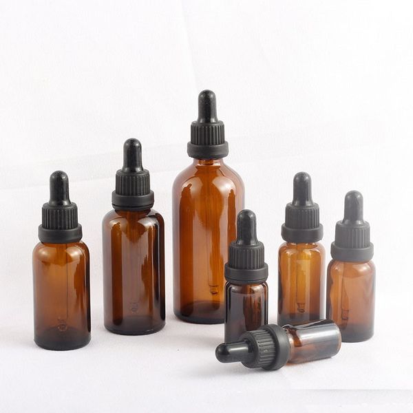 5 - 100 ml bernsteinfarbene Glasflaschen mit Augentropfer und Glastropfflaschen mit schwarzem Verschluss für ätherische Öle, Laborchemikalien und Parfüme