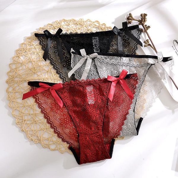 

low waist transparent ladies full lace underwear cool european and american bow underwear women gifts for women1, Black;pink