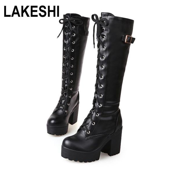 

fashion knee high boots for women spring autumn shoes lace up rubber platform high heel white female leather booties large size, Black
