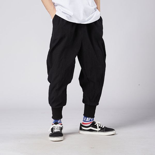 

mrgoldenbowl store men harem pants japanese casual cotton linen trouser man jogger pants chinese baggy pants q1219, Black