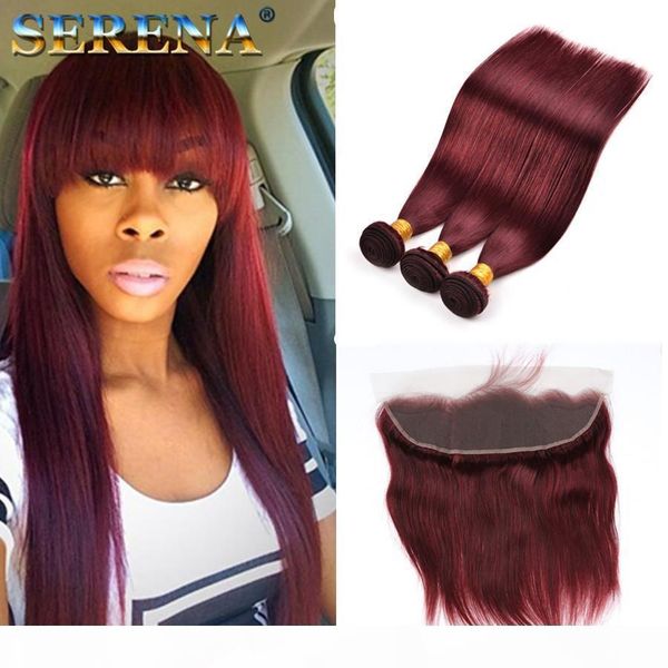 

burgundy wine red 99j human virgin hair weave bundles with closure peruvian straight with baby hair 13x4 frontal human hair extension, Black;brown