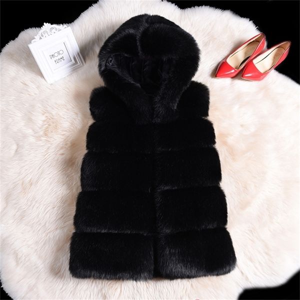 

fashion streetwear warm faux fur hoody vest coat parka winter fluffy teddy bear coat women plus size 4xl patchwork fur coat 201212, Black