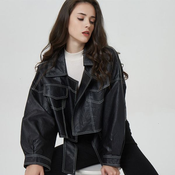 

women's soft imitation leather black punk motorcycle coat, neckback jacket, red brown, spring and autumn 2020