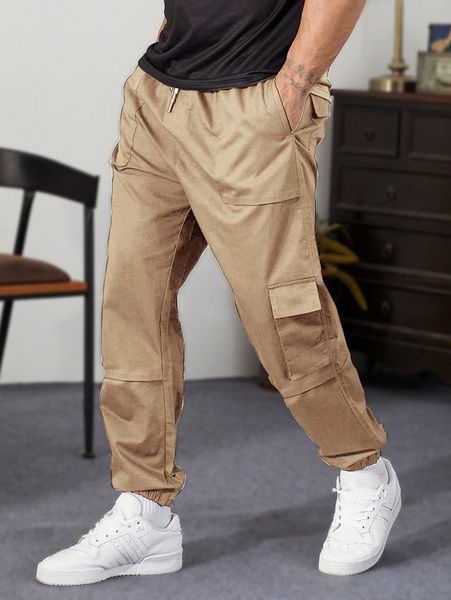 

extended sizes men flap detail drawstring pants x2kx#, Black