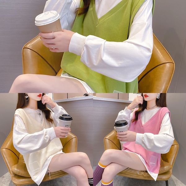 

kaas9 2020 korean sweater autumn style super popular women's fake fashion sweater women's two-piece thin solid color loose large s, Black