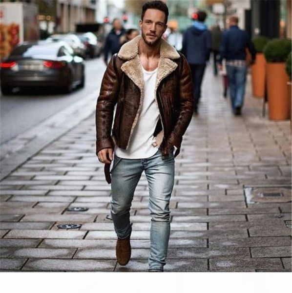 

mens winter faux leather jackets fashion lapel neck fleece coats mens street style long sleeved thick jacket, Black